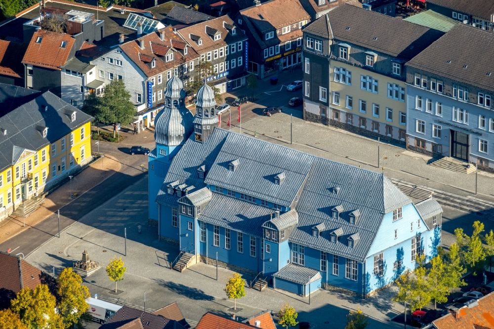 Aerial image Clausthal-Zellerfeld - Church building Marktkirche zum Heiligen Geist in Clausthal-Zellerfeld in the state Lower Saxony, Germany