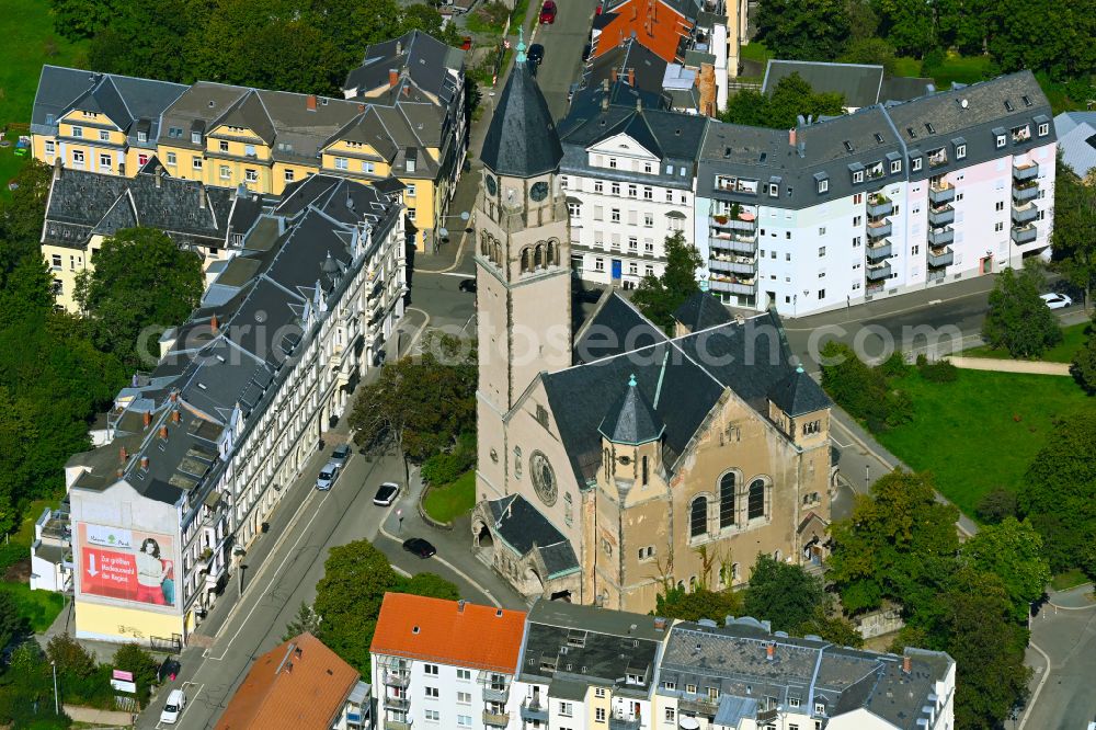 Plauen from the bird's eye view: Church building of the Markuskirche on street Morgenbergstrasse in Plauen in Vogtland in the state Saxony, Germany