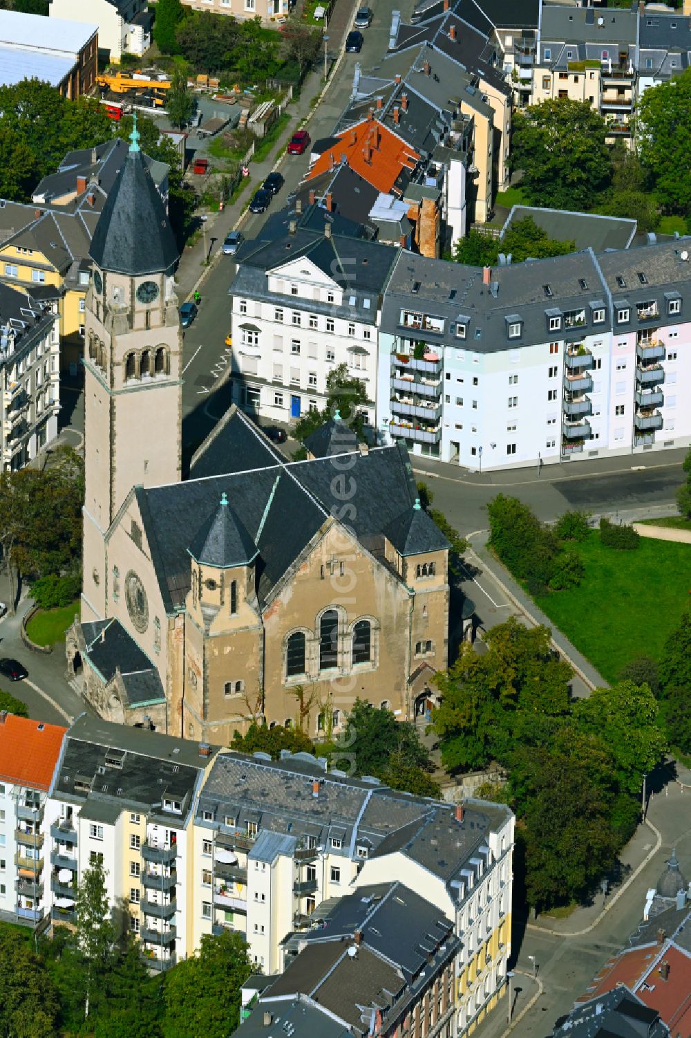 Aerial image Plauen - Church building of the Markuskirche on street Morgenbergstrasse in Plauen in Vogtland in the state Saxony, Germany