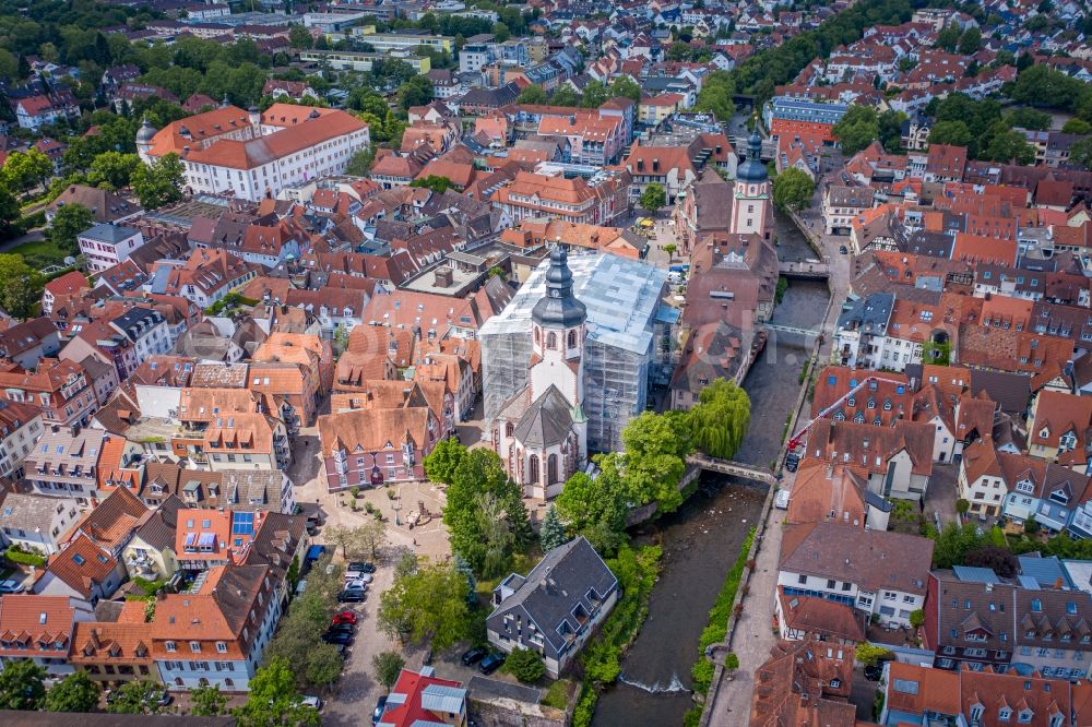 Aerial photograph Ettlingen - Church building of the cathedral in the old town in Ettlingen in the state Baden-Wuerttemberg, Germany