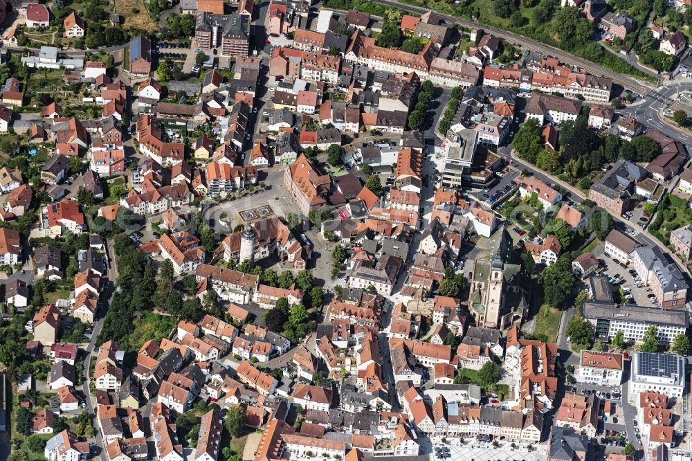 Tauberbischofsheim from the bird's eye view: Church building in St. Martin on St.-Lioba-Strasse overlooking the Kurmainzisches Schloss in the Old Town- center of downtown in Tauberbischofsheim in the state Baden-Wurttemberg, Germany