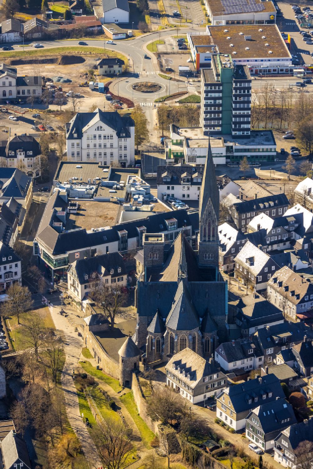 Olpe from above - Church building St.-Martinus-Kirche and Hexenturm in Olpe at Sauerland in the state North Rhine-Westphalia, Germany