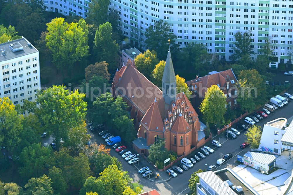 Berlin from above - Church building St. Mauritius on street Mauritiuskirchstrasse in the district Lichtenberg in Berlin, Germany