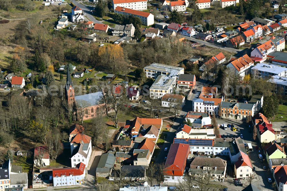 Aerial image Werneuchen - Church building in St. Michael Old Town- center of downtown on street Kirchstrasse in Werneuchen in the state Brandenburg, Germany