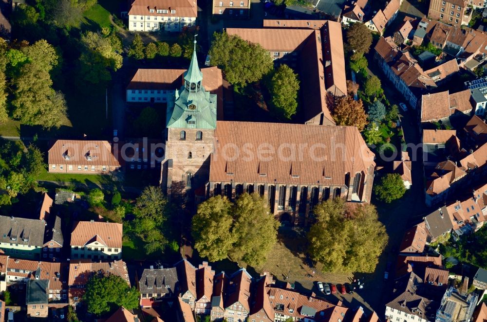 Aerial image Lüneburg - Church building Michaeliskirche in Old Town- center of downtown in Lueneburg in the state Lower Saxony, Germany