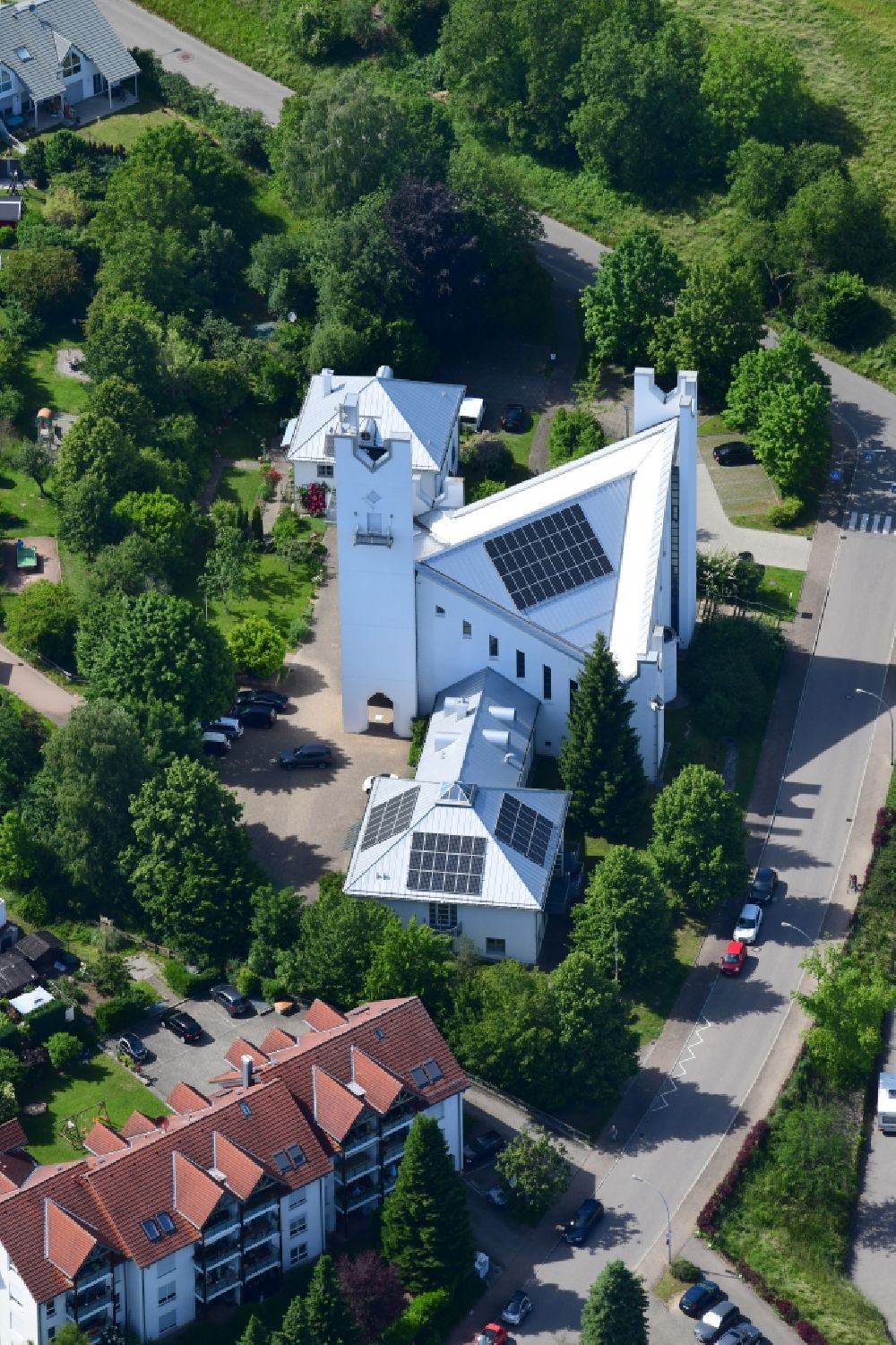 Rheinfelden (Baden) from the bird's eye view: Modern catholic church building St. Michael in the district Karsau in Rheinfelden in the state Baden-Wurttemberg, Germany