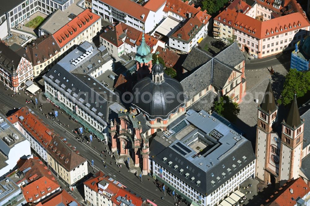 Aerial photograph Würzburg - Church building in of Neumuenster a former abbey Old Town- center of downtown in the district Altstadt in Wuerzburg in the state Bavaria, Germany