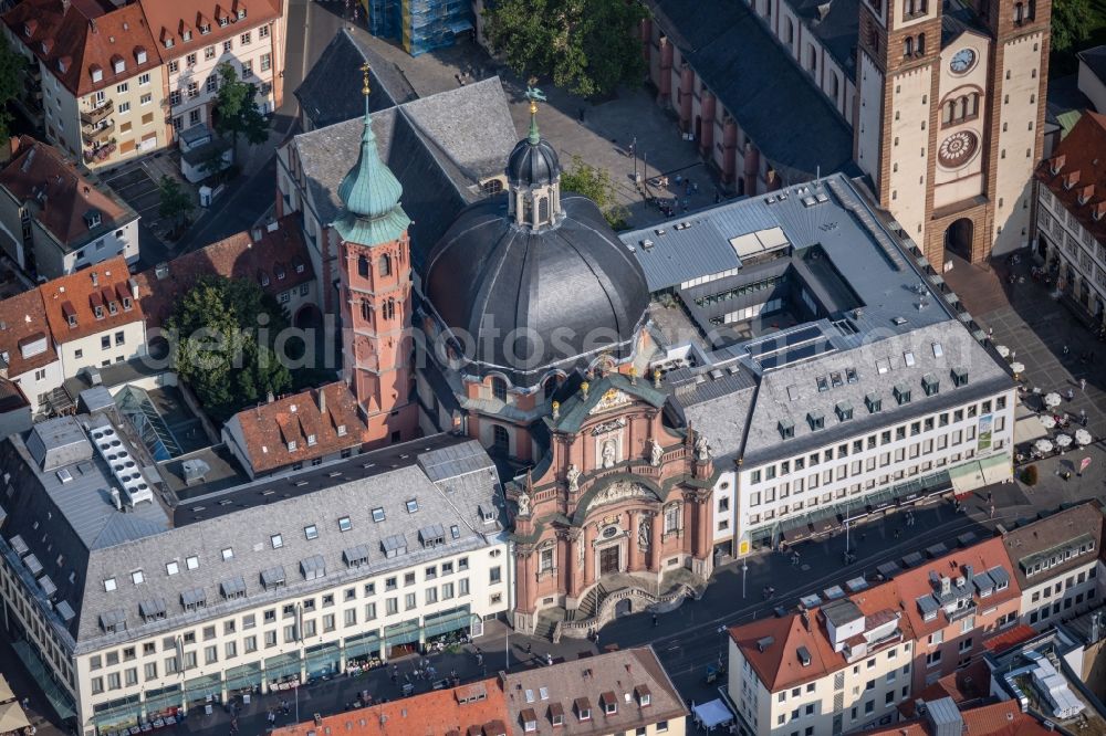 Aerial image Würzburg - Church building in of Neumuenster a former abbey Old Town- center of downtown in the district Altstadt in Wuerzburg in the state Bavaria, Germany