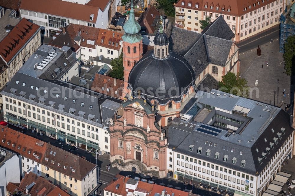 Aerial image Würzburg - Church building in of Neumuenster a former abbey Old Town- center of downtown in the district Altstadt in Wuerzburg in the state Bavaria, Germany