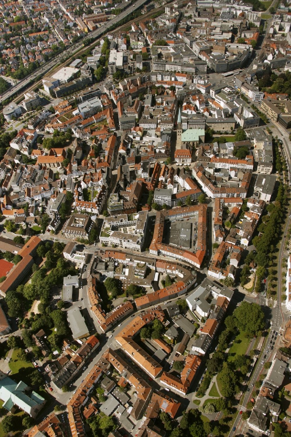 Aerial image Bielefeld - Church building of the cathedral in the old town in Bielefeld in the state North Rhine-Westphalia, Germany