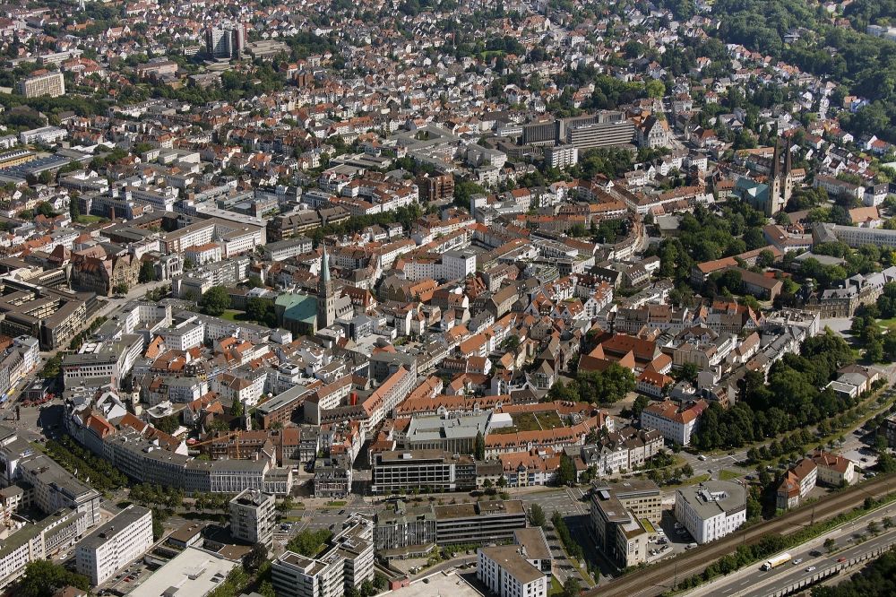 Bielefeld from above - Church building of the cathedral in the old town in Bielefeld in the state North Rhine-Westphalia, Germany