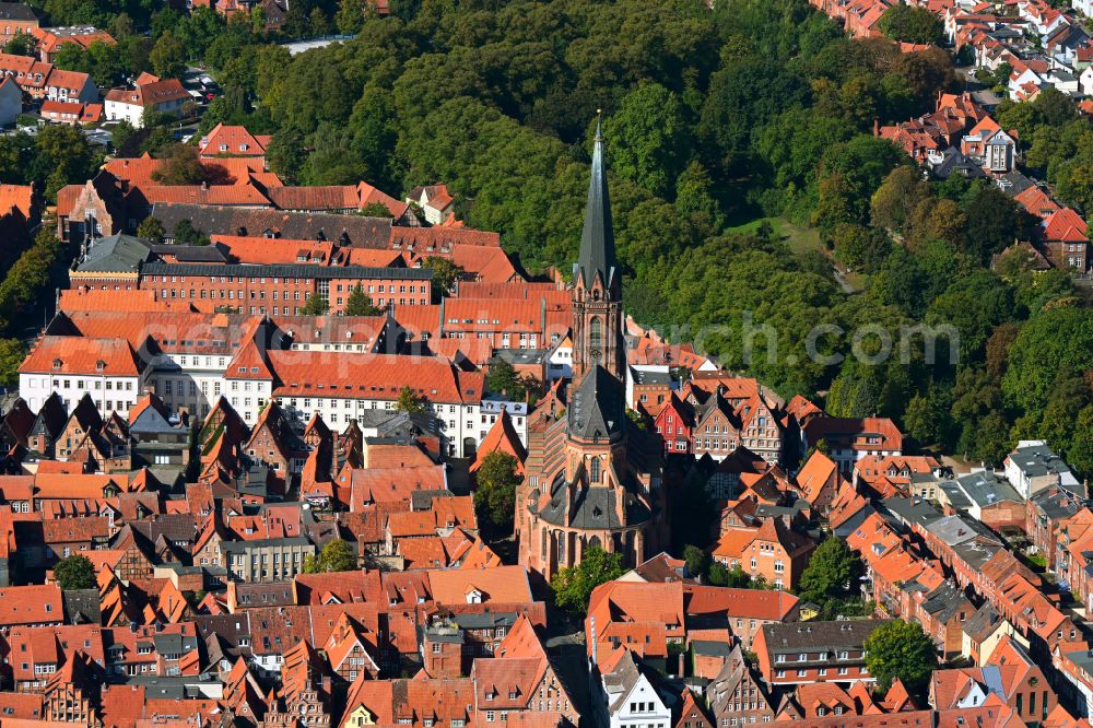 Lüneburg from above - Church building of St. Nicolai in Old Town- center of downtown in Lueneburg in the state Lower Saxony, Germany