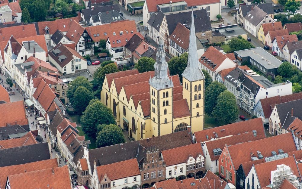 Lemgo from above - Church building of the St. Nicolai-Kirche on Papenstrasse in Lemgo in the state North Rhine-Westphalia, Germany