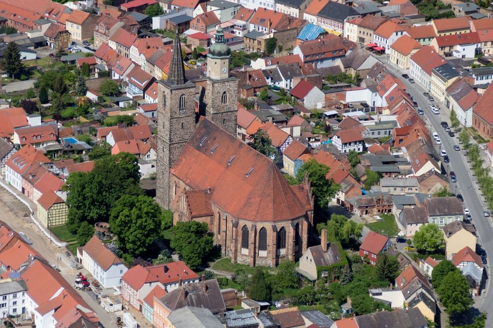 Aerial image Jüterbog - Church building in St. Nikolai Old Town- center of downtown in Jueterbog in the state Brandenburg, Germany