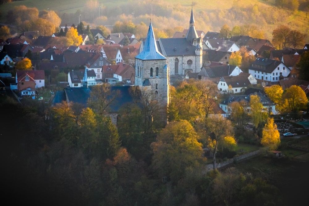 Aerial image Marsberg - Church building in of Nikolaikirche Old Town- center of downtown in the district Obermarsberg in Marsberg in the state North Rhine-Westphalia, Germany
