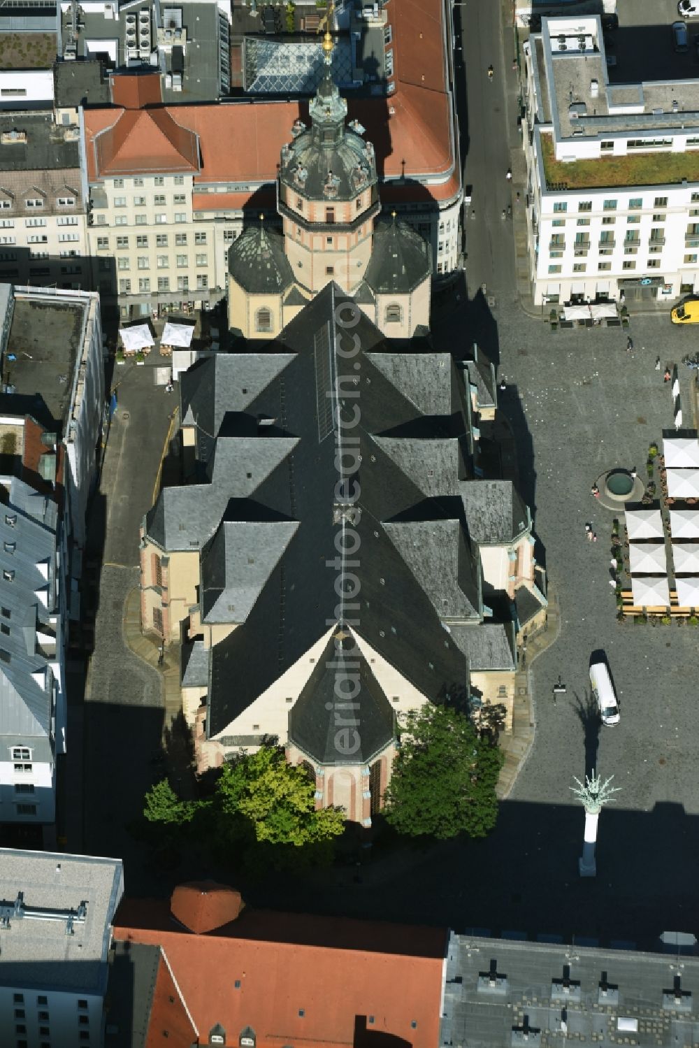 Leipzig from above - Church building in Nikolaikirche on Nikolaikirchhof Old Town- center of downtown in Leipzig in the state Saxony