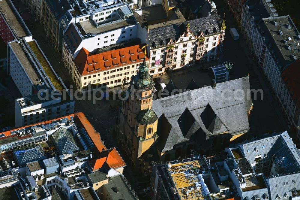 Aerial image Leipzig - Church building in Nikolaikirche on Nikolaikirchhof Old Town- center of downtown in Leipzig in the state Saxony