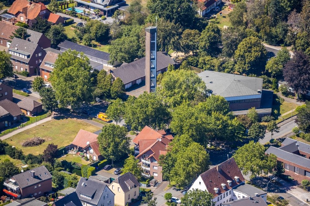 Dorsten from above - Church building St. Nikolaus Kirche on Storchsbaumstrasse in the district Hardt in Dorsten in the state North Rhine-Westphalia, Germany