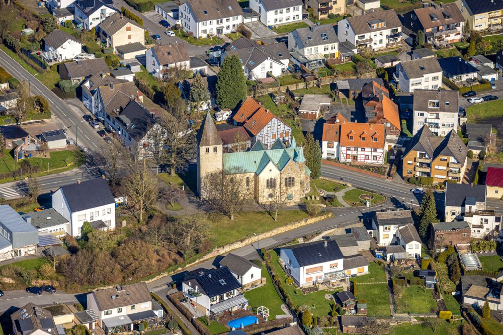 Opherdicke from above - Church building on Unnaer Strasse in Opherdicke in the state North Rhine-Westphalia, Germany