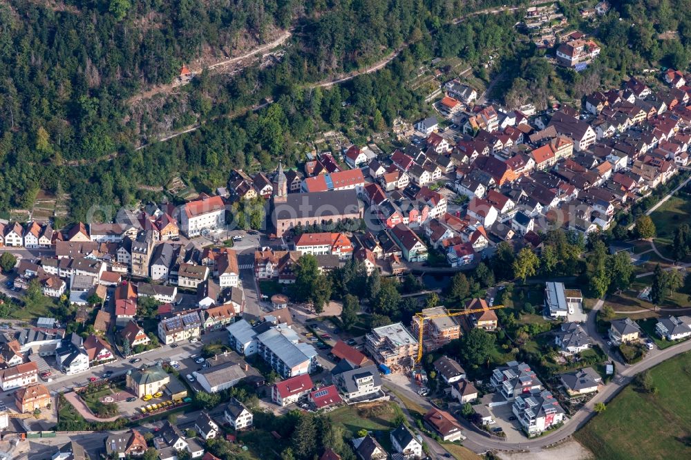 Aerial photograph Oppenau - Church building in Oppenau Old Town- center of downtown in Oppenau in the state Baden-Wurttemberg, Germany