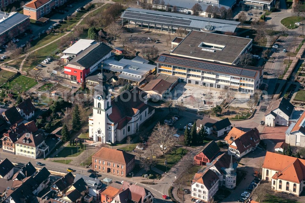 Friesenheim from above - Church building in the village of in Friesenheim in the state Baden-Wuerttemberg, Germany