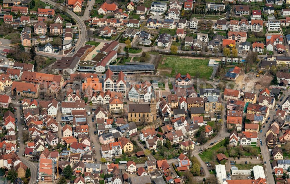 Güglingen from above - Church building in the village of in Gueglingen in the state Baden-Wuerttemberg, Germany