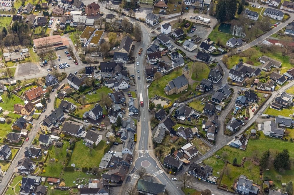 Aerial image Kreuztal - Church building in the village of in the district Krombach in Kreuztal on Siegerland in the state North Rhine-Westphalia, Germany