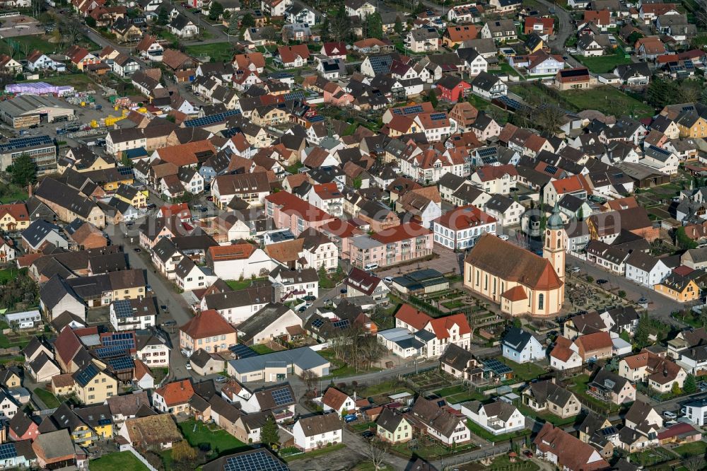 Aerial image Ringsheim - Church building in the village of in Ringsheim in the state Baden-Wuerttemberg, Germany