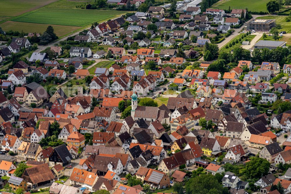 Aerial image Seebronn - Church building in the village of on street Plettenbergstrasse in Seebronn in the state Baden-Wuerttemberg, Germany