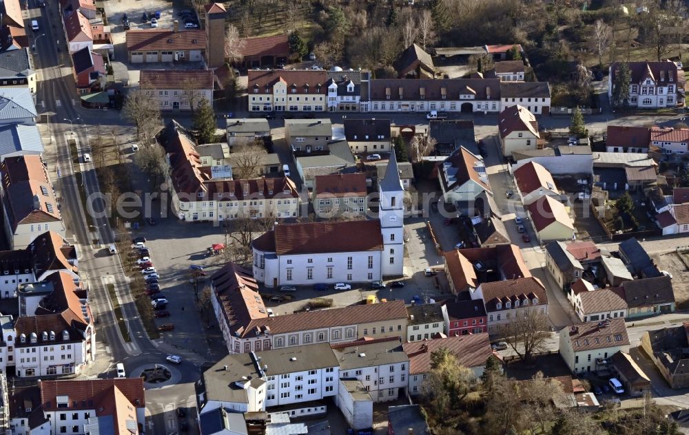 Seelow from above - Church building on place Puschkinplatz in the village of in Seelow in the state Brandenburg, Germany