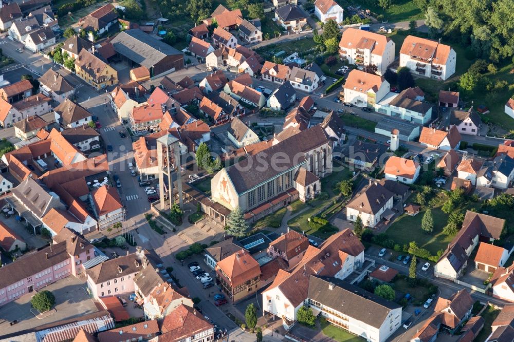 Seltz from above - Church building in the village of in Seltz in Grand Est, France