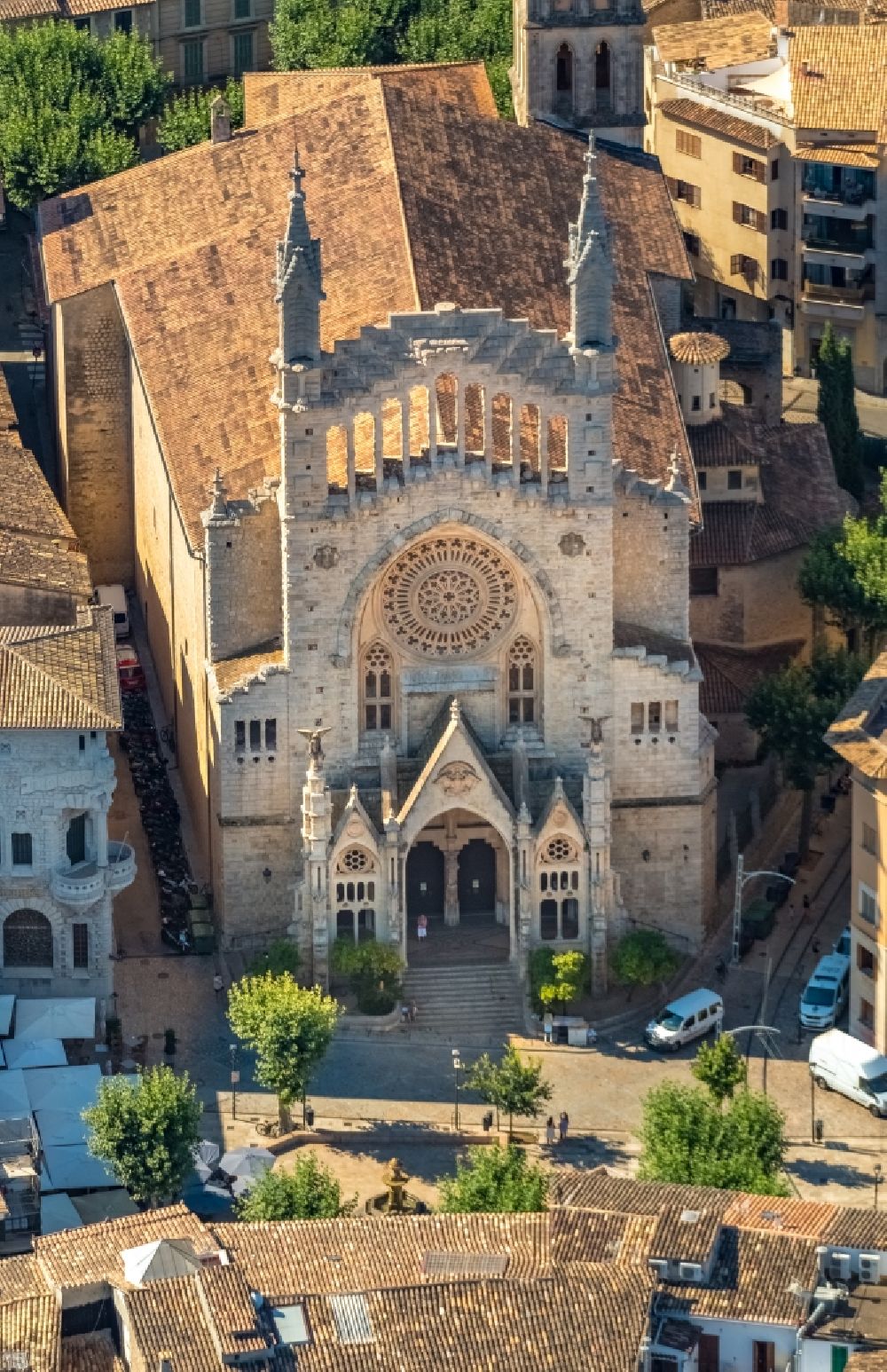Soller from the bird's eye view: Church building St. Bartholomaeus on Plaza ConstituciA?n in the village of in Soller in Balearic Islands, Spain