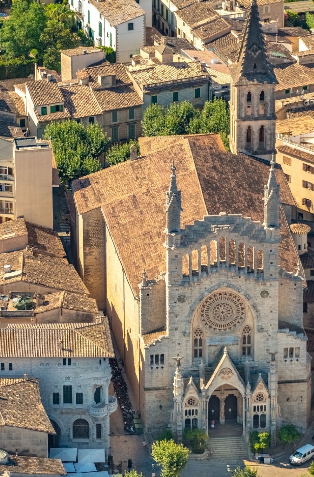 Aerial image Soller - Church building St. Bartholomaeus on Plaza ConstituciA?n in the village of in Soller in Balearic Islands, Spain