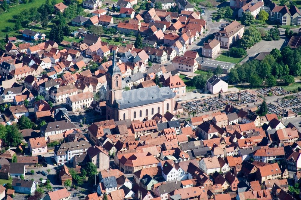 Reichshoffen from above - Church building of paroisse protestante in Reichshoffen in Grand Est, France