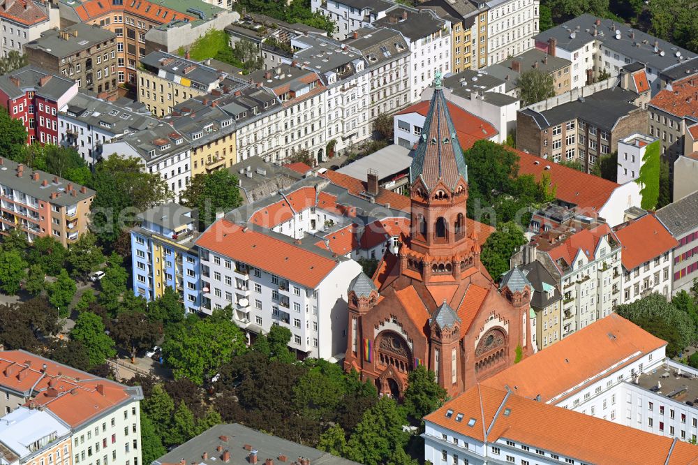 Berlin from above - Church building Passionskirche on place Marheinekeplatz in the district Kreuzberg in Berlin, Germany