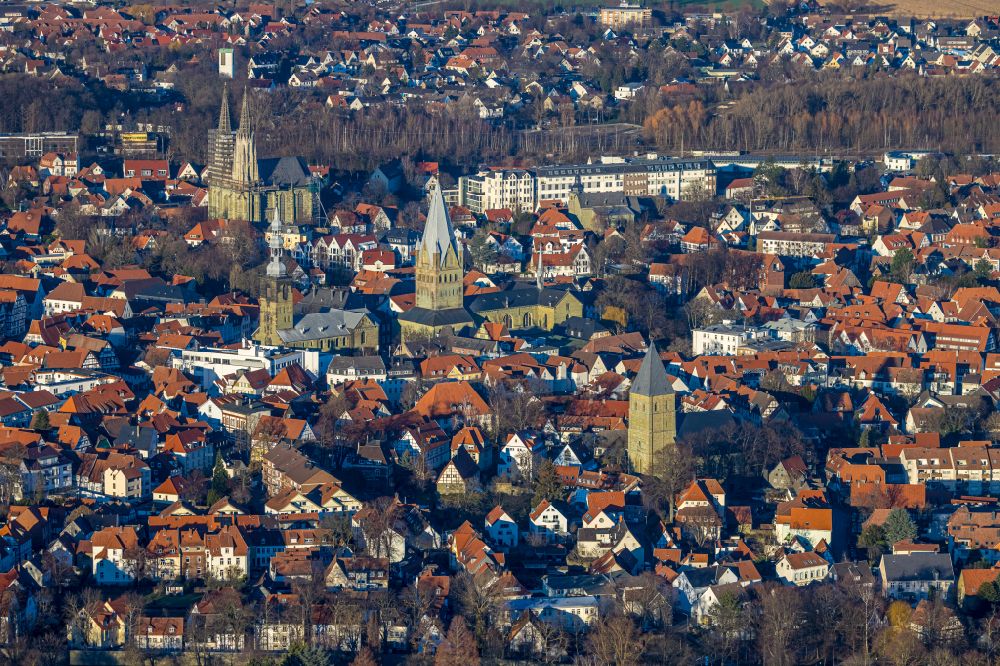 Aerial image Soest - church building in St. Patrokli- Dom and St. Petri (Alde Kerke) Old Town- center of downtown in Soest in the state North Rhine-Westphalia, Germany
