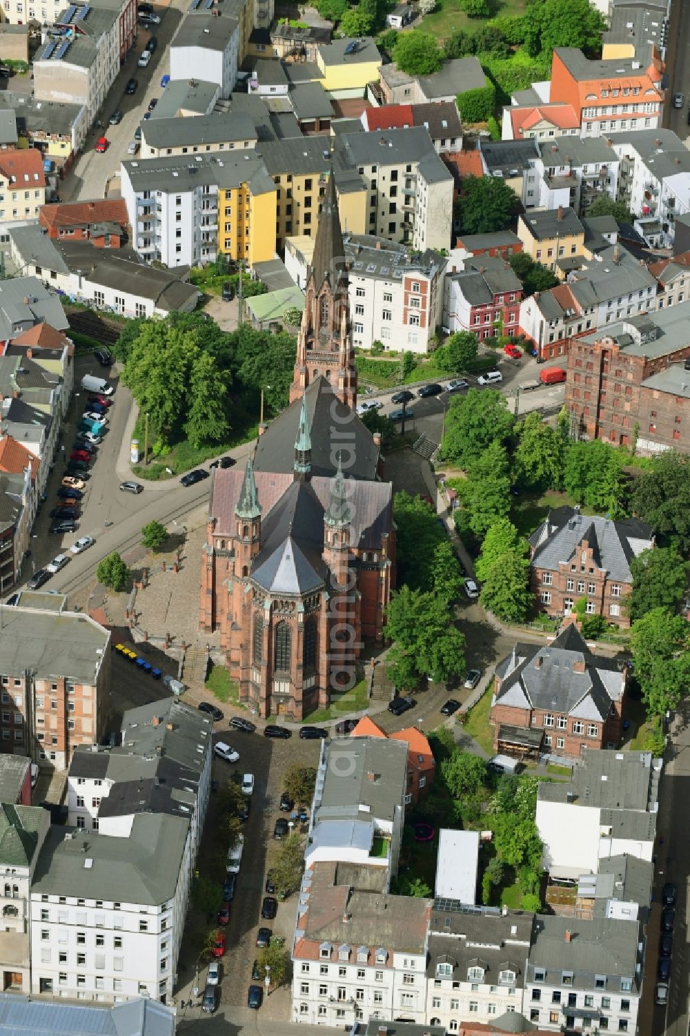 Aerial photograph Schwerin - Church building of Paulskirche Am Packhof in Schwerin in the state Mecklenburg - Western Pomerania, Germany