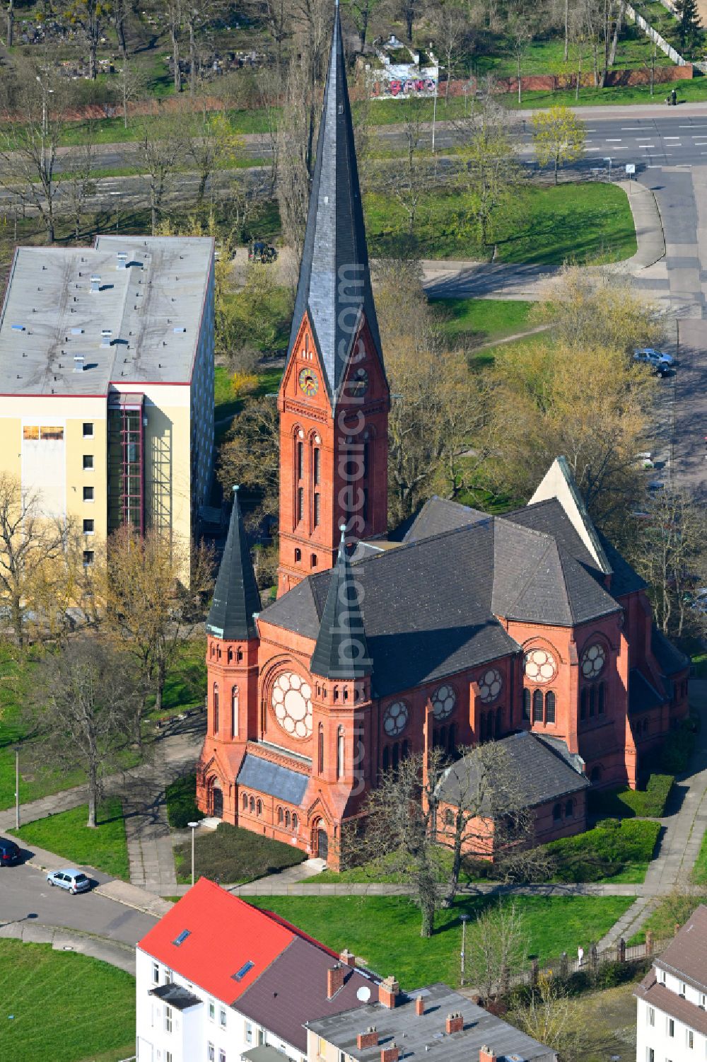 Aerial image Dessau - Church building St. Pauls church on place Paulusplatz in Dessau in the state Saxony-Anhalt, Germany