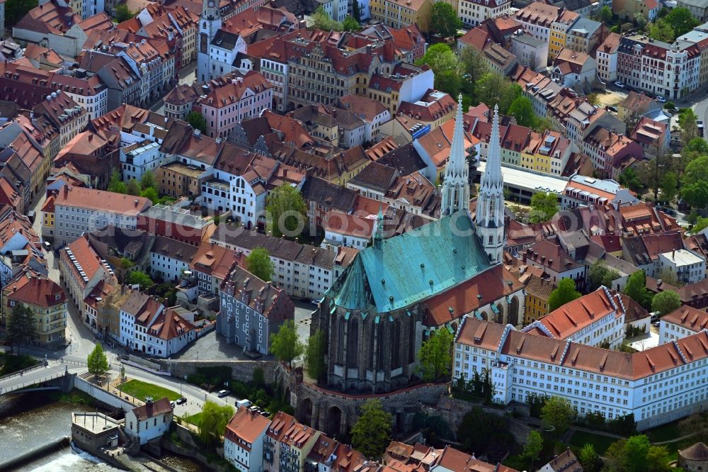 Görlitz from the bird's eye view: Church building in Pfarrkirche St. Peter and Paul (Peterskirche) Old Town- center of downtown in Goerlitz in the state Saxony, Germany