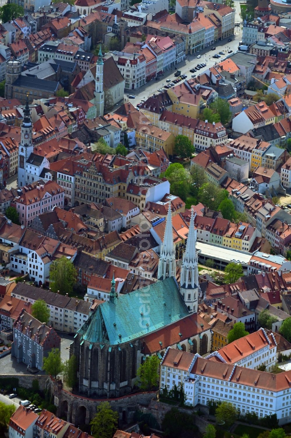 Aerial image Görlitz - Church building in Pfarrkirche St. Peter and Paul (Peterskirche) Old Town- center of downtown in Goerlitz in the state Saxony, Germany