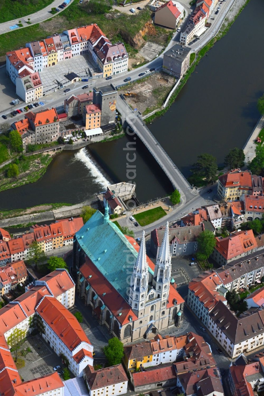 Görlitz from above - Church building in Pfarrkirche St. Peter and Paul (Peterskirche) Old Town- center of downtown in Goerlitz in the state Saxony, Germany