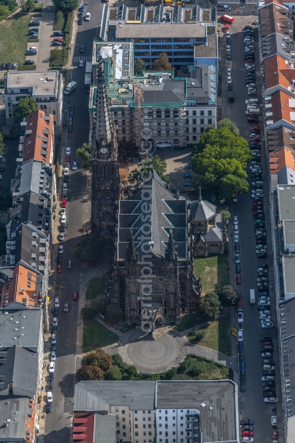 Aerial photograph Leipzig - Church building Peterskirche on Schletterstrasse in the district Zentrum-Sued in Leipzig in the state Saxony