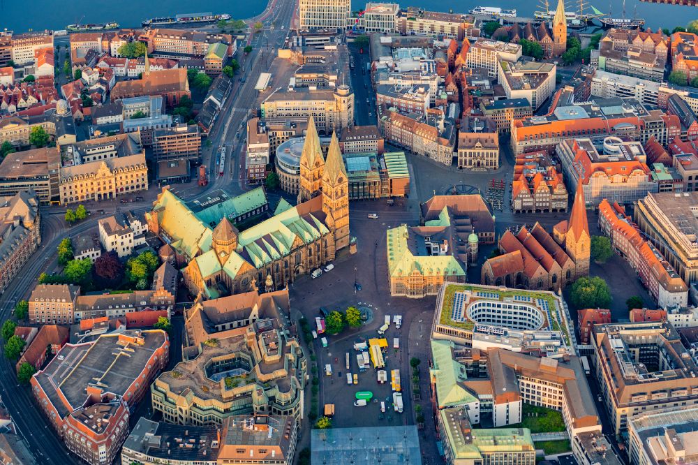 Bremen from above - Church building of the cathedral of Bremen and city hall on the market square in the historic city centre of Bremen in Germany