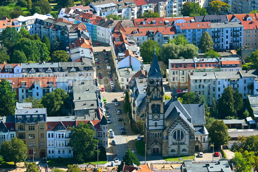 Aerial image Dessau - Church building Petruskirche on Wilhelm-Mueller-Strasse in Dessau in the state Saxony-Anhalt, Germany