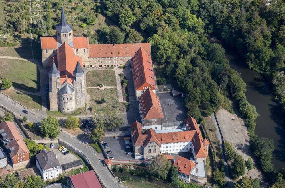 Hildesheim from above - Church building of Pfarrkirche Basilika St. Godehard in Hildesheim in the state Lower Saxony, Germany