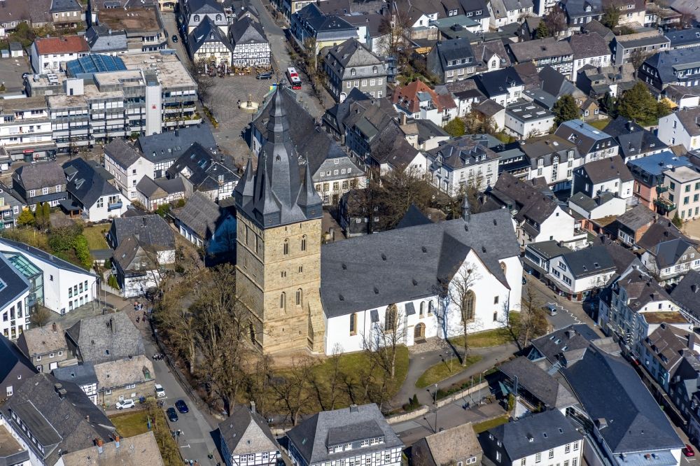 Brilon from above - church buildings of the Propstei church Saint Peter and Andreas in Brilon in the federal state North Rhine-Westphalia