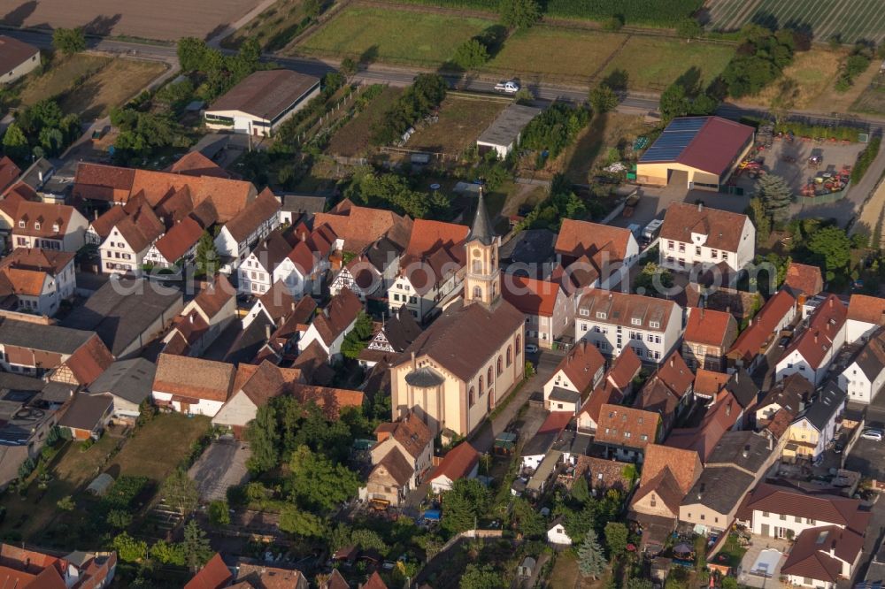 Aerial image Zeiskam - Church building Protestantische Kirche in Zeiskam in the state Rhineland-Palatinate, Germany