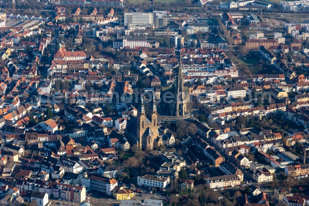 Aerial image Speyer - Church building in Protestation and the Catholic Church of St. Joseph of downtown in Speyer in the state Rhineland-Palatinate, Germany