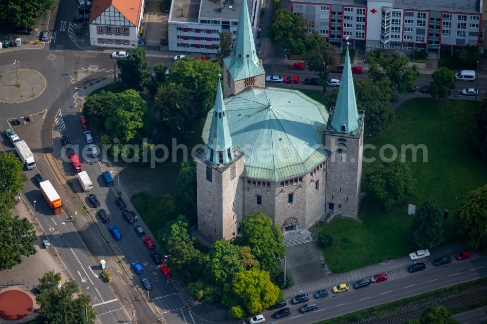 Nürnberg from above - Church building Reformations-Gedaechtnis-Kirche in the district Rennweg in Nuremberg in the state Bavaria, Germany