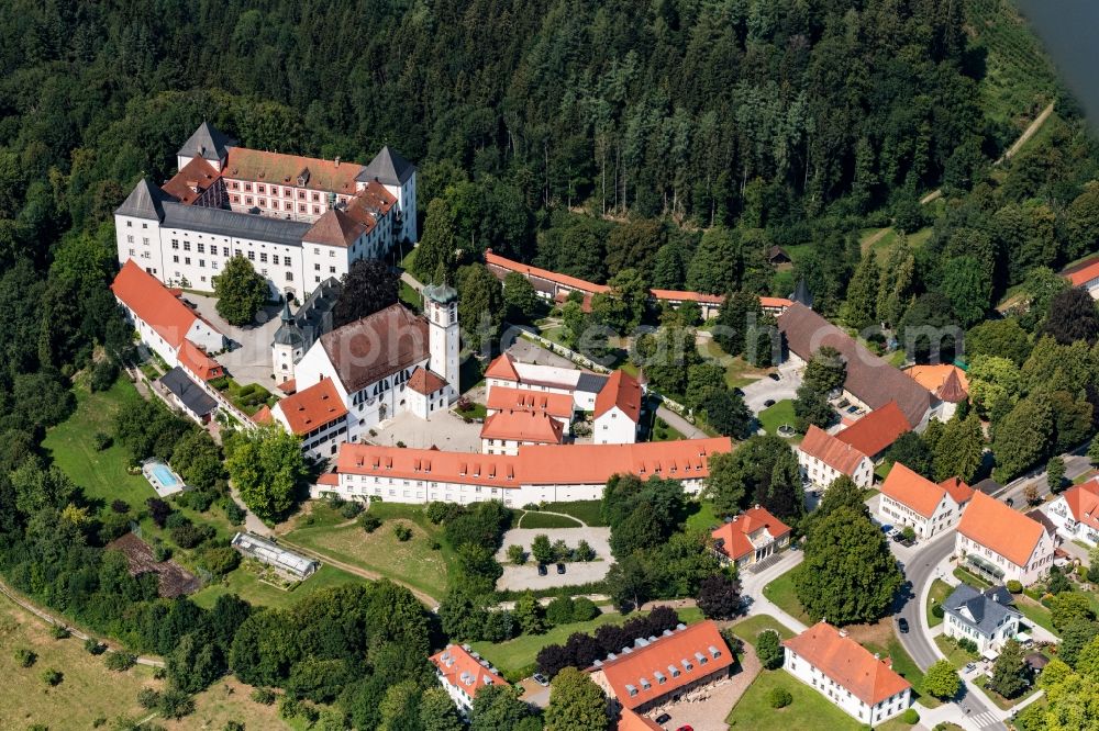 Wolfegg from above - Church building Renaissance Schloss with Pfarr and Stiftskirche St Katharina in Wolfegg in the state Baden-Wurttemberg, Germany
